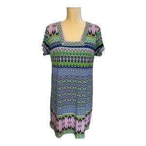 Laundry by Shelli Segal Boho Paisley Shift dress Size Lp Pink Blue Stretchy‎